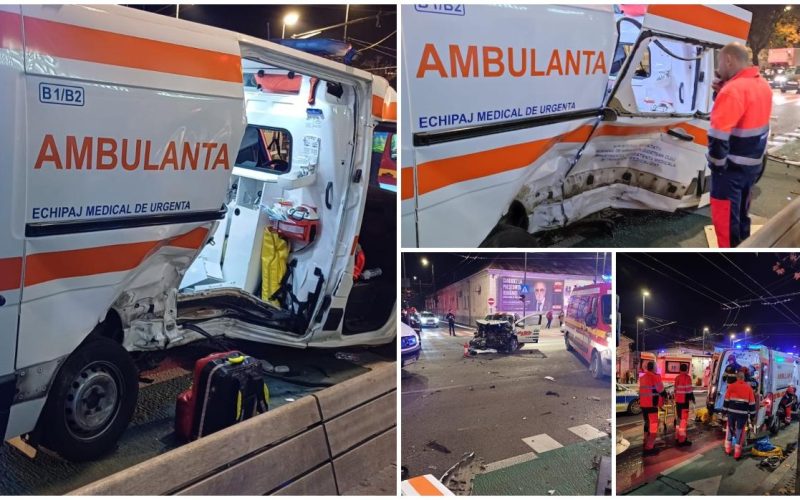 O ambulanţă implicată într-un accident în centrul orașului Cluj-Napoca. Pacienta a rămas încarcerată